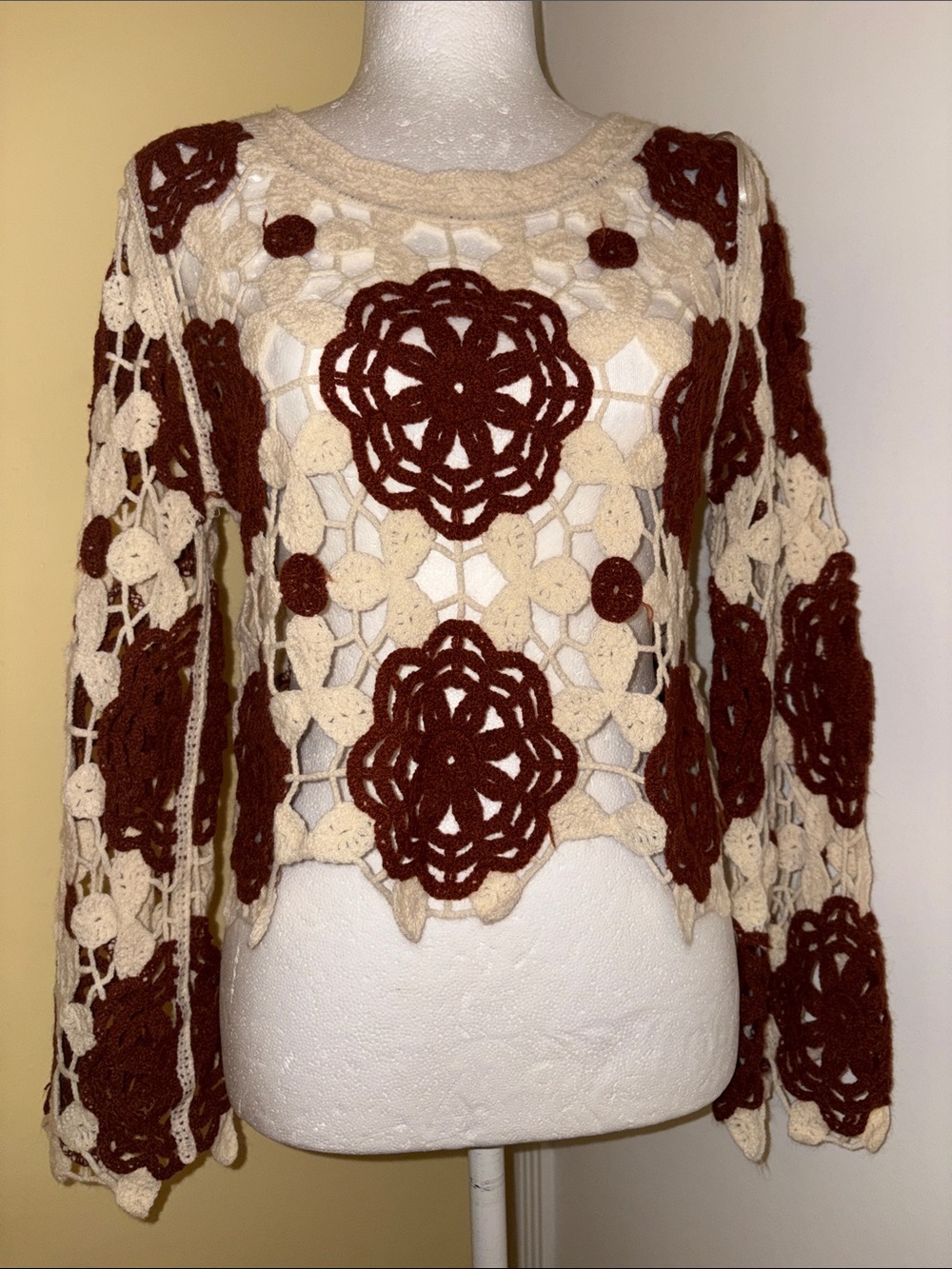 Brown and Cream Crochet Floral Openwork Sweater M